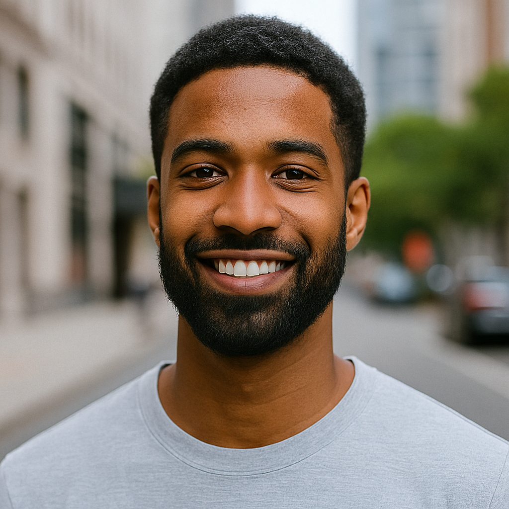 A smiling man with short black hair, a beard, and a mustache, standing outdoors on a city street, wearing a light gray T-shirt.