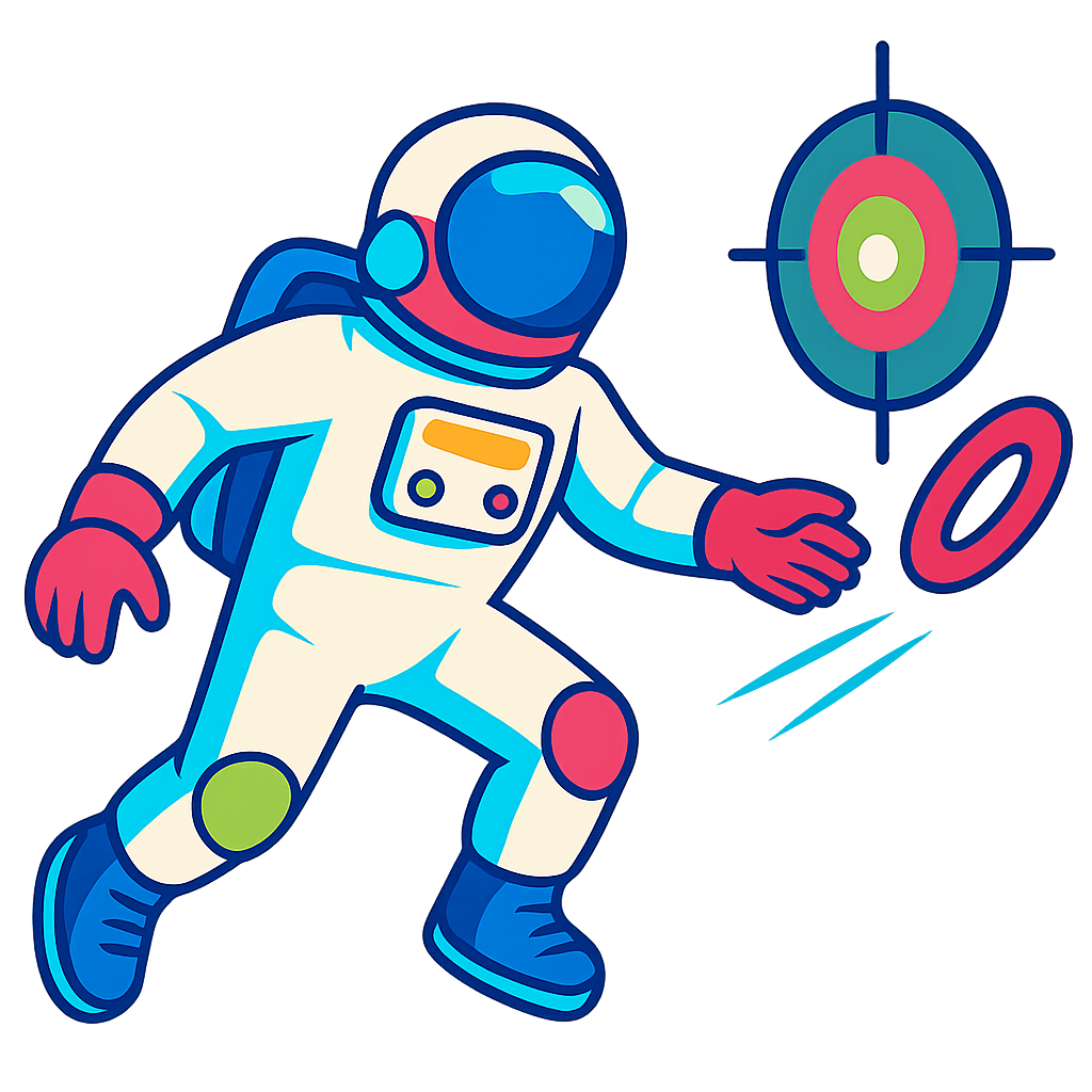 Cartoon astronaut in a space suit aiming a laser at a target.