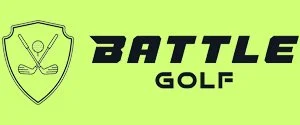 Logo for Battle Golf featuring a shield with golf clubs and ball, in black on a light green background.