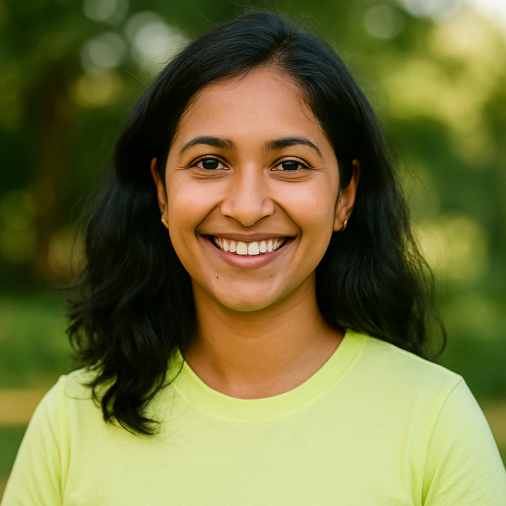 A young woman with black hair smiling outdoors in a park, wearing a yellow shirt.
