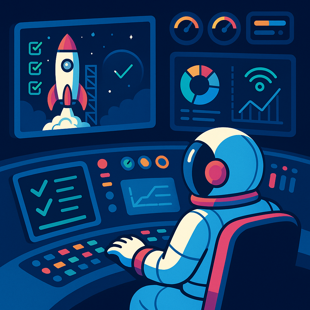 A computer operator in a space-themed control room monitoring a rocket launch on multiple screens displaying charts, graphs, and a rocket taking off.