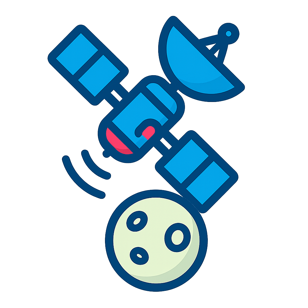 Illustration of a satellite in space with antennas and solar panels, orbiting a planet or moon with craters.