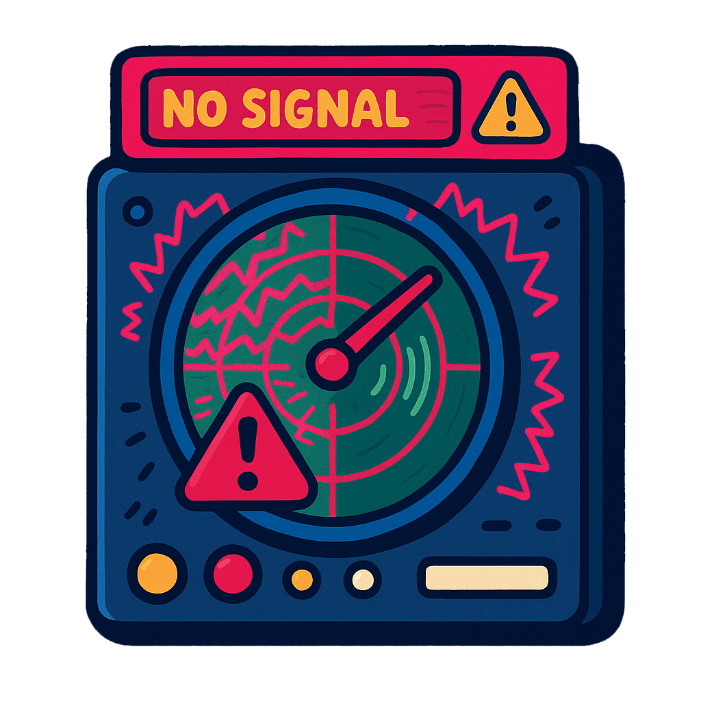 A radar screen with an alert sign indicating no signal, surrounded by warning signals and colorful buttons.