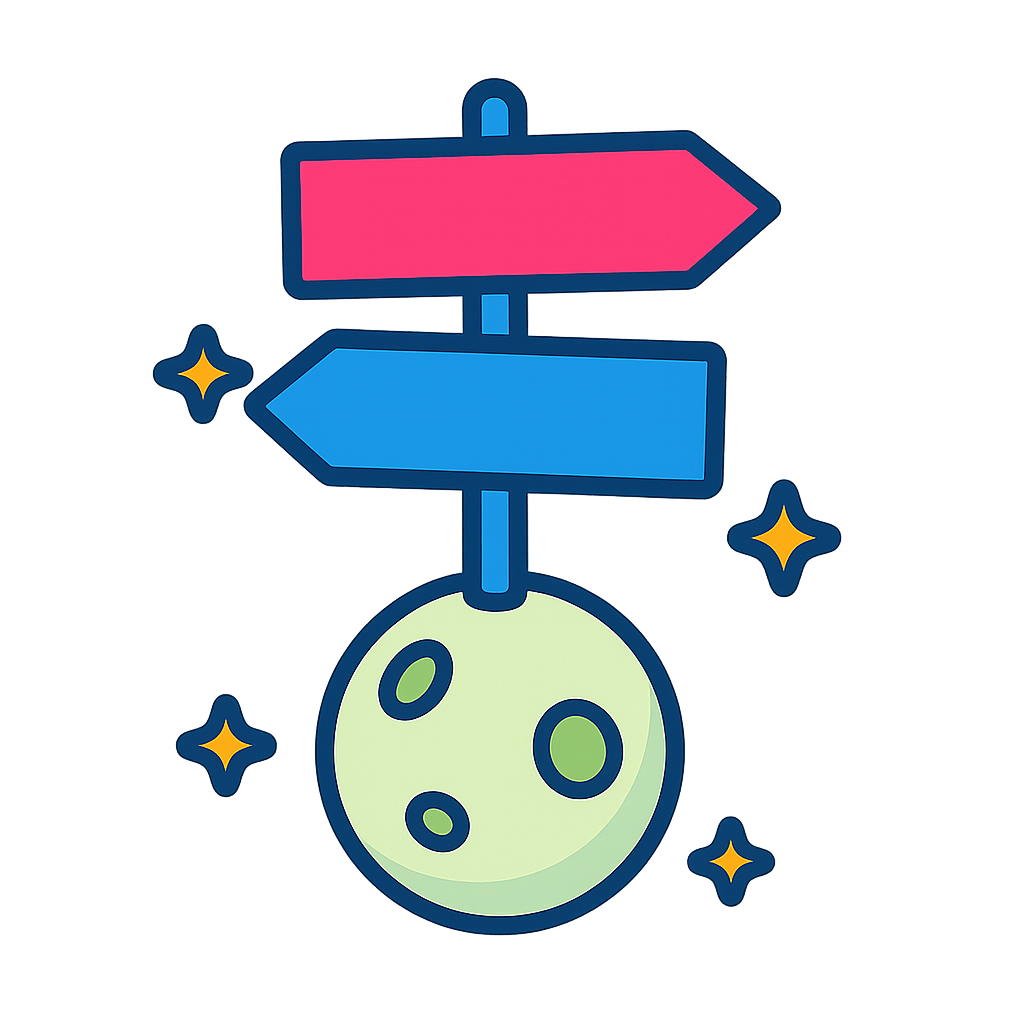 Neon-style sign with two directional arrows, one red pointing right and one blue pointing left, above a cartoon depiction of the moon with craters, surrounded by small star illustrations.