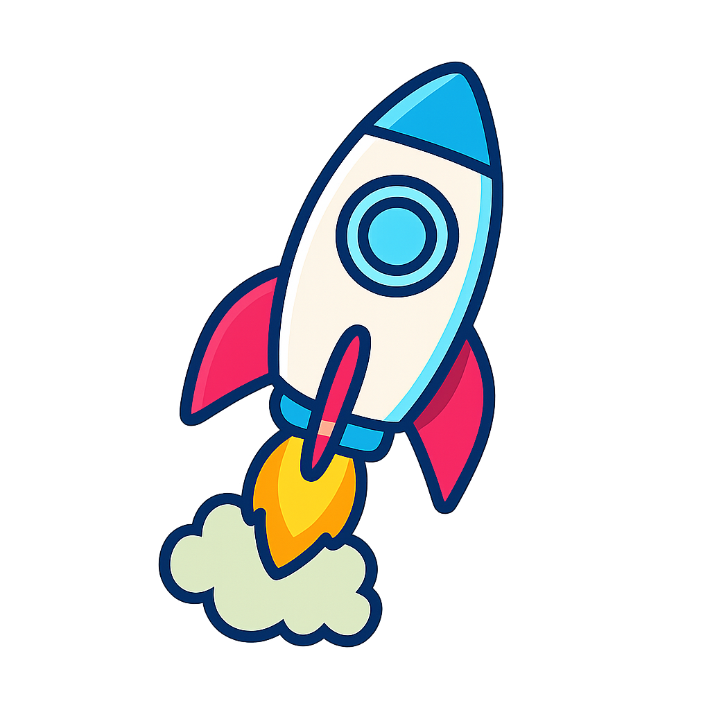 Cartoon rocket ship launching with flames and smoke