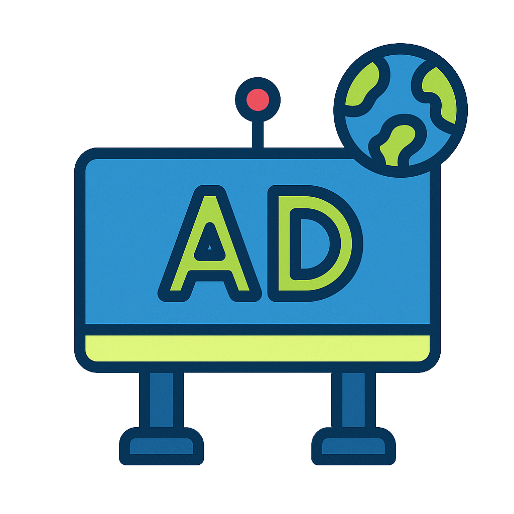 Illustration of a digital billboard with the letters 'AD' on it and a globe icon in the top right corner.