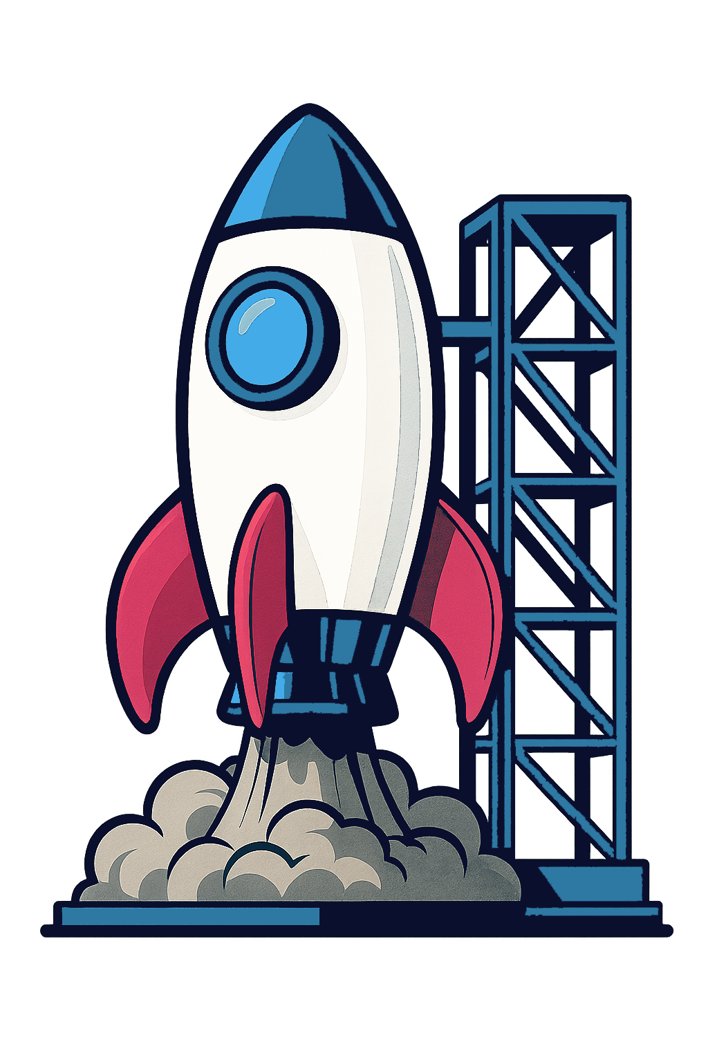 Cartoon of a rocket launching with smoke and fire, with launch pad and support structure in the background.