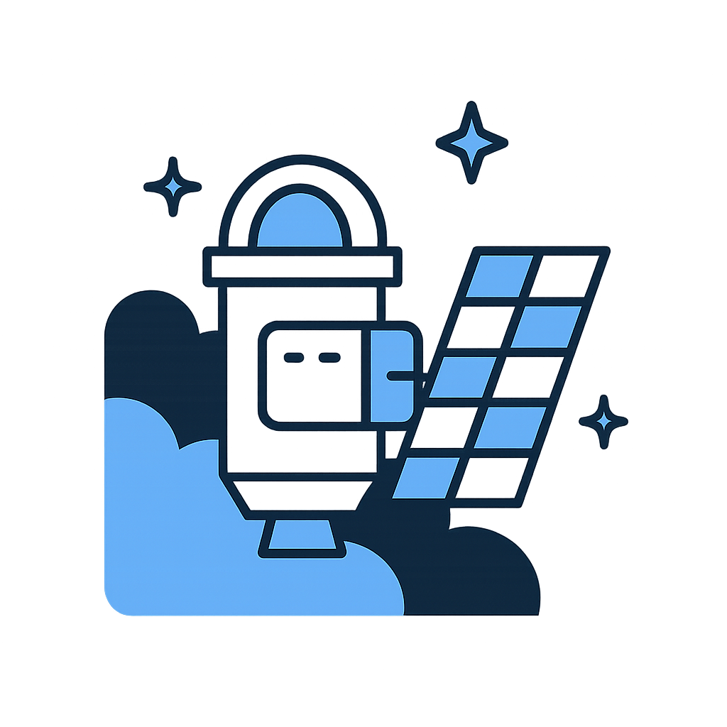 Illustration of a satellite with solar panels orbiting Earth with clouds and star-like sparkles in space.