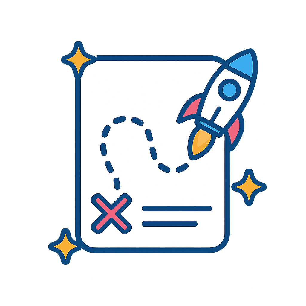 A cartoon-style illustration of a treasure map with a dotted line leading to an X mark, a rocket ship in the upper right corner, and star accents on the corners.