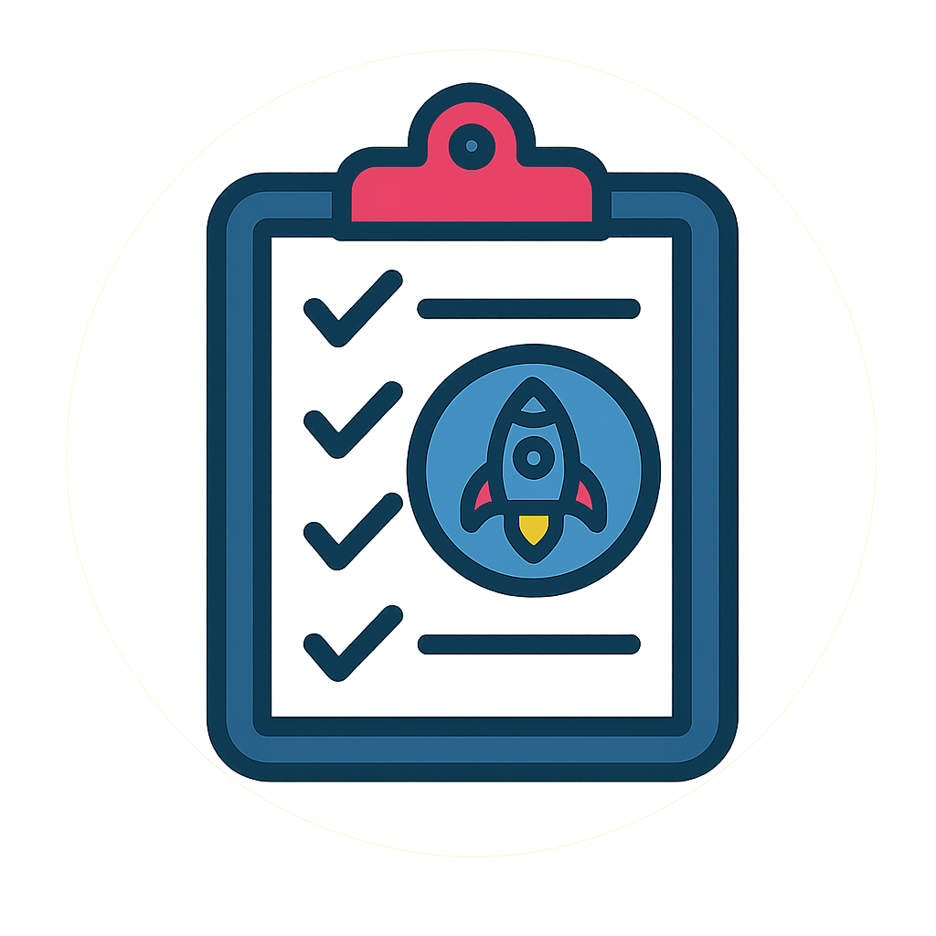A clipboard with a checklist and a rocket icon, symbolizing goals or launch plans.