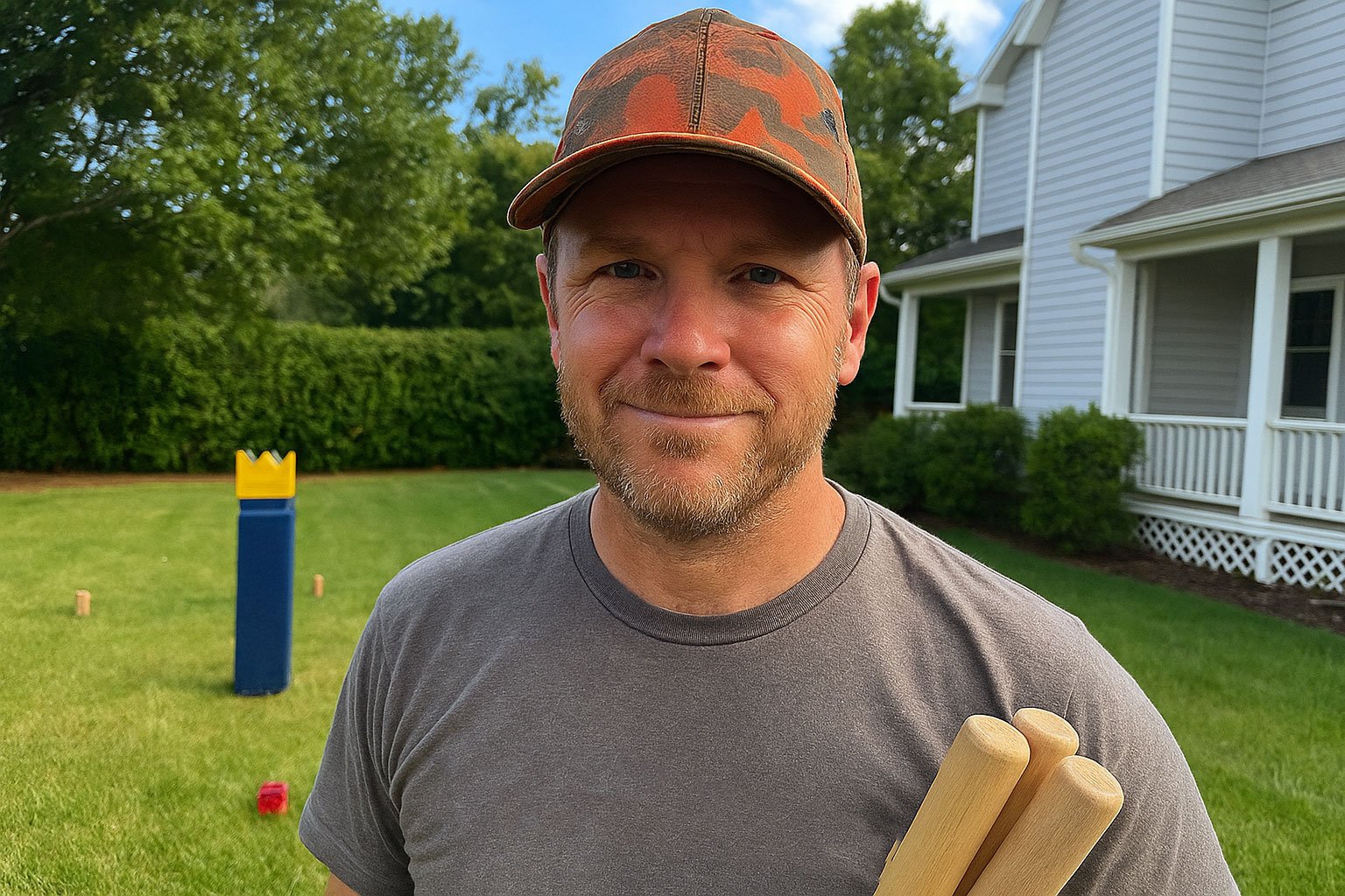 A man with a beard in a gray t-shirt wearing a camouflage baseball cap outdoors in a backyard holding wooden sticks, with a house and trees in the background.