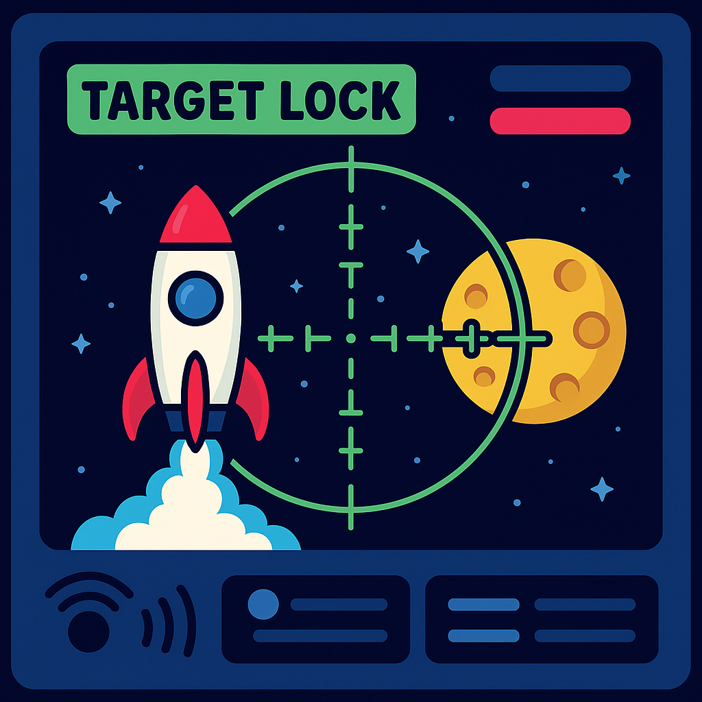 A digital illustration of a space scene with a spaceship launching towards a target in space. The target is marked with a crosshair aiming at a yellow moon or planet with craters. The display is labeled 'TARGET LOCK' and shows various indicators and icons.