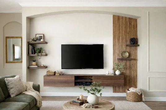 custom walnut floating media cabinet and vertical wood slat accent wall built-in