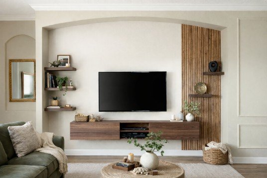 Custom Walnut Floating Media Cabinet & Vertical Oak Slat Accent Wall Built-In