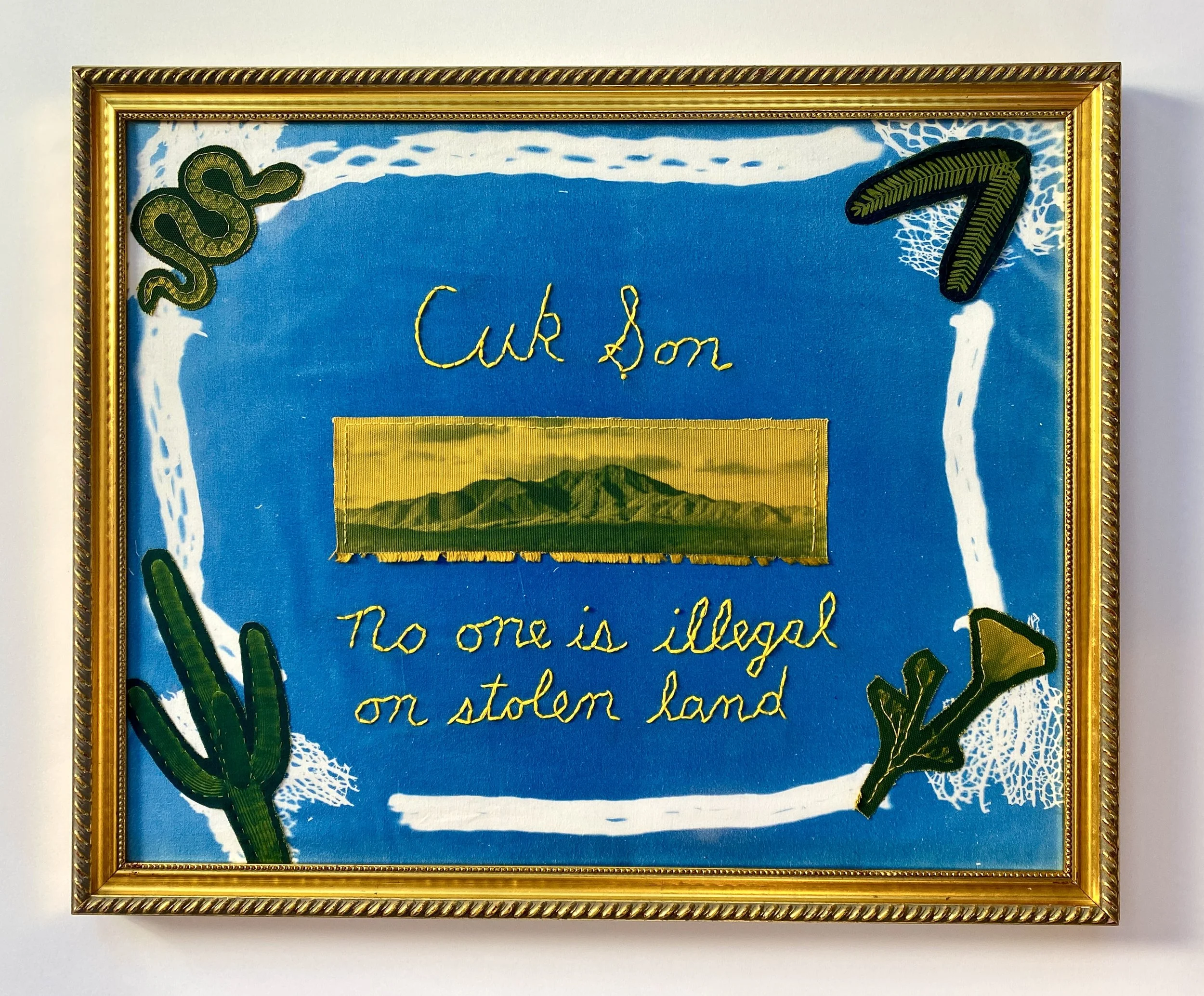 Cuk Ṣon (2026). 16 in x 20in. Cyanotype and embroidery on cotton fabric with secondhand frame. 