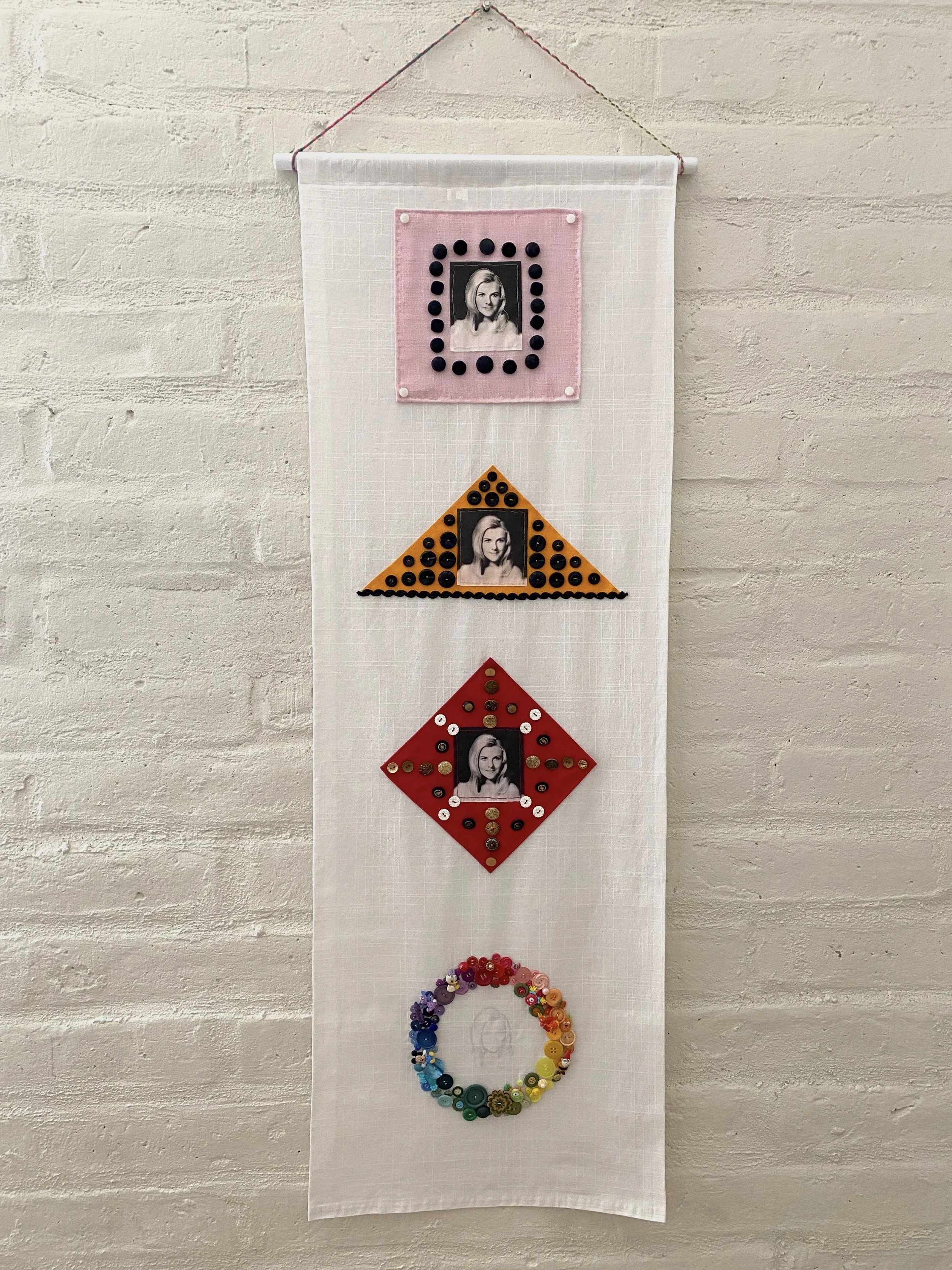 My Oma's Button Basket (2025). 53 in x 18 in. Fabric, buttons, and embroidery