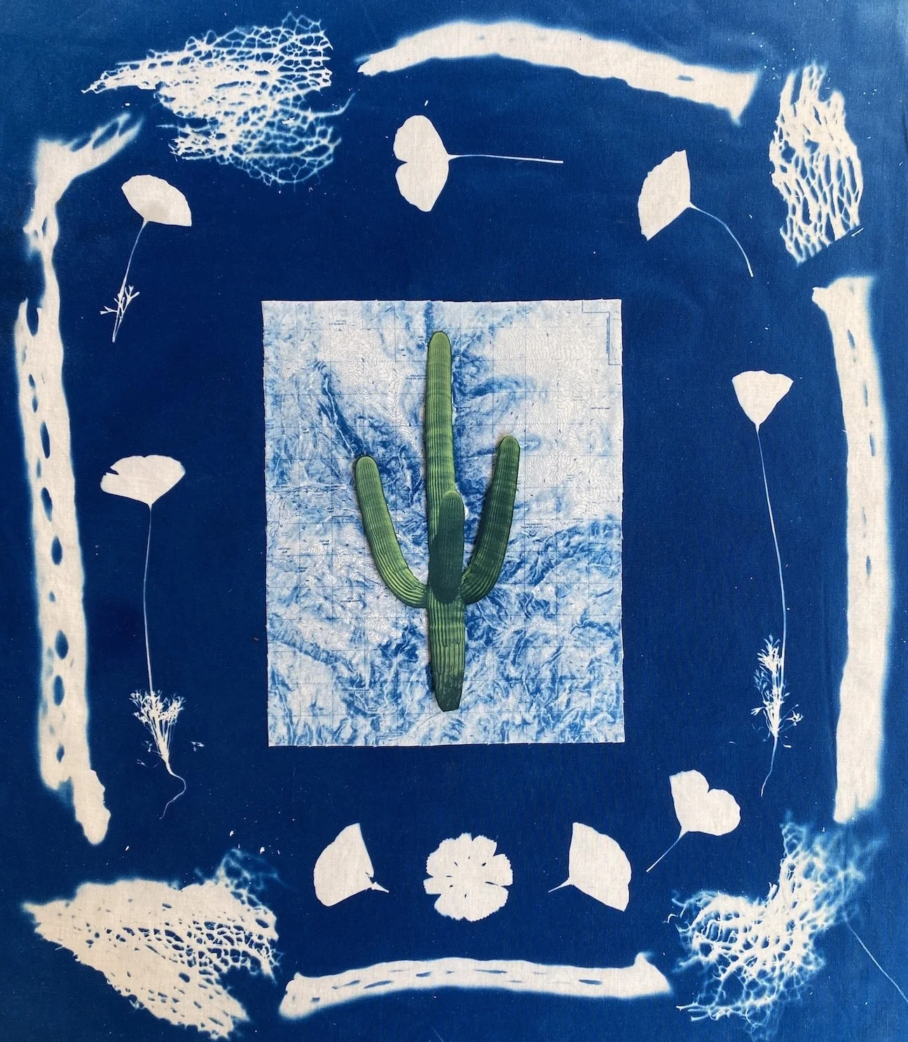 All hail! (2026). 20 in x 16 in. Cyanotype on cotton fabric. 