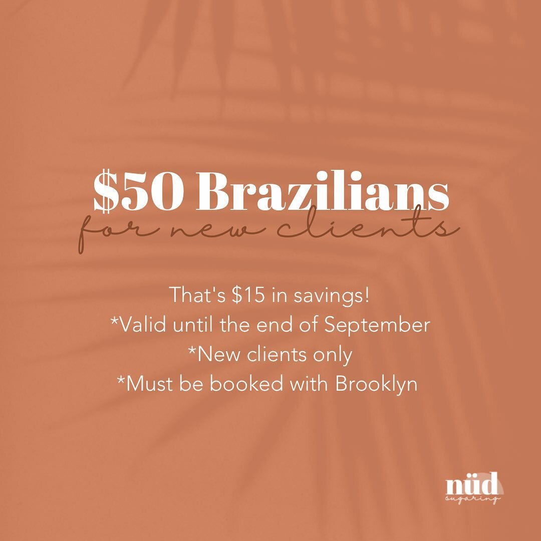 𝗕𝗔𝗖𝗞 𝗧𝗢 𝗦𝗖𝗛𝗢𝗢𝗟 𝗦𝗔𝗟𝗘 📚✏️⠀
⠀
New clients! Book a Brazilian from now until the end of September with Brooklyn and save $15 on your first appointment! ⠀
⠀
Regular price $64.76, on for $50!⠀
⠀
*Valid until the end of September⠀
*Must be b