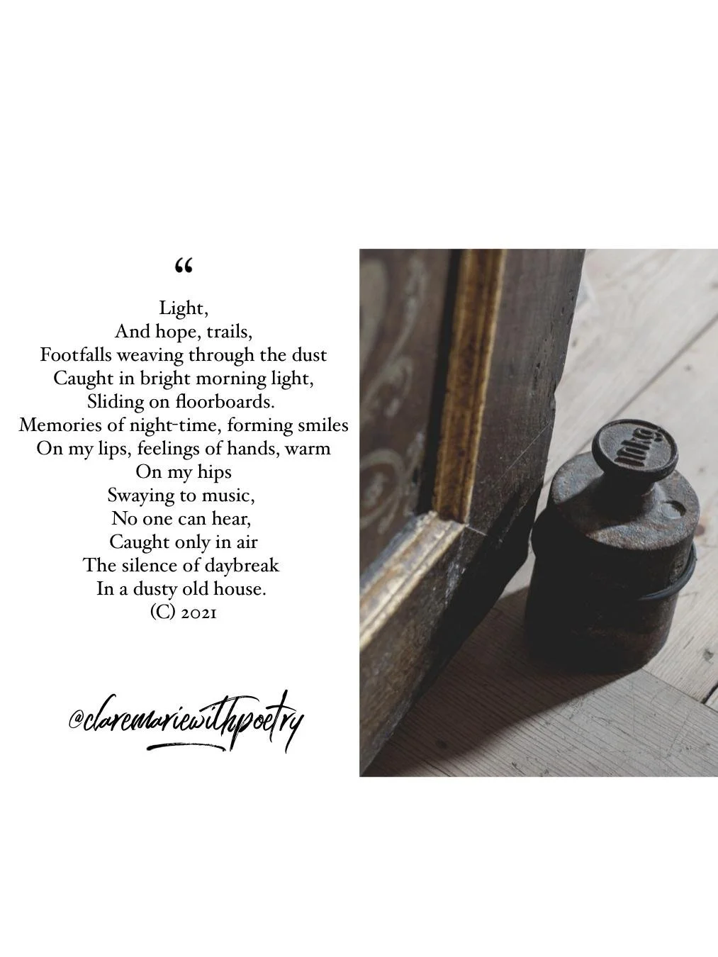 A poetic verse titled "Light, And hope, trails" next to a photo of an old, rusty weight or kettlebell beside a wooden frame, on a wooden floor, with the poet's handle '@claramarywithpoetry' at the bottom.