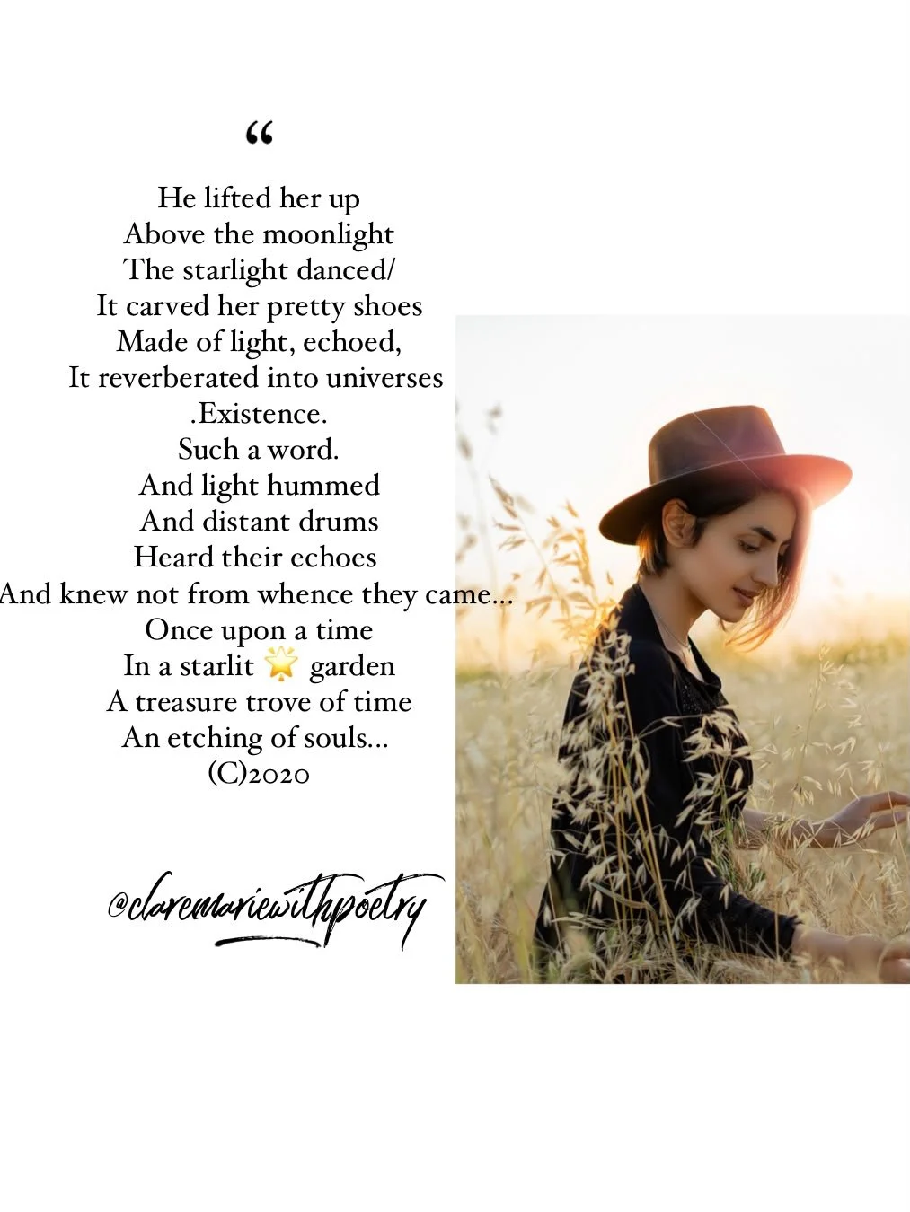 A woman wearing a black hat and black top, standing in a golden field of tall grasses during sunset, looking down and touching the grass.
