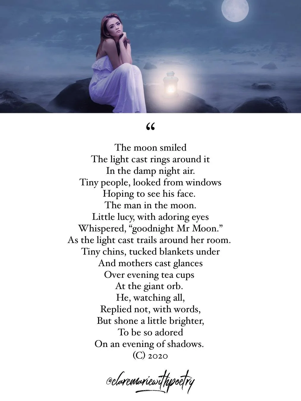 A woman in a white dress sits on rocks near the water under a night sky with a full moon, illuminated by a lantern, with a poem about the moon below.