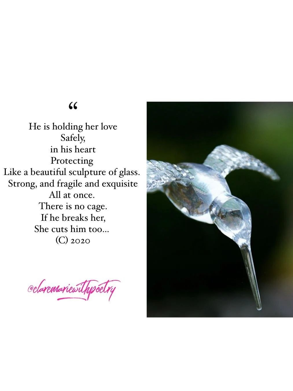 A poem about love and protection next to an image of a glass sculpture of a bird with a long beak, set against a dark green background.
