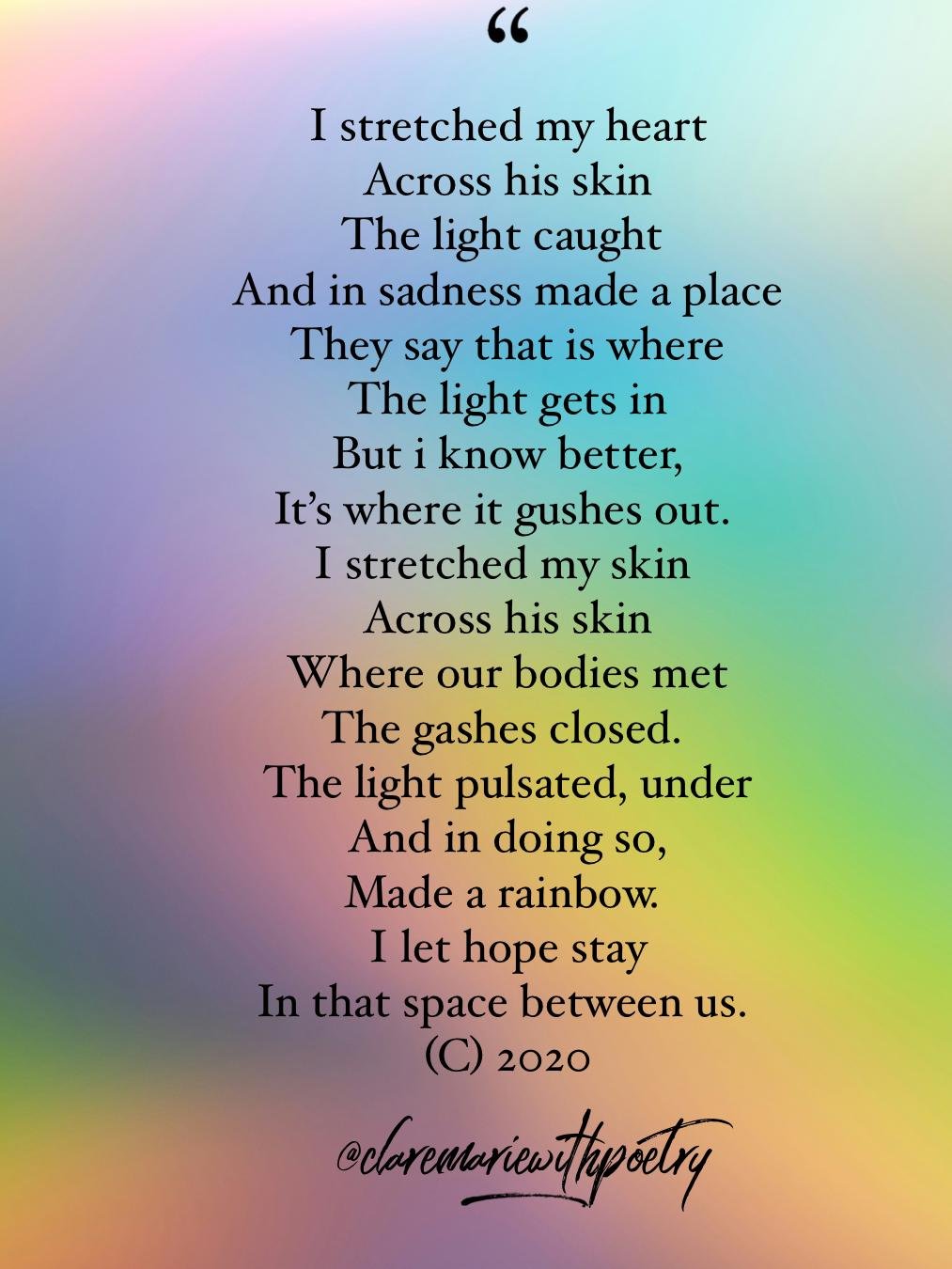 A colorful gradient background with a poetic text about love and connection, signed by @claremariwthpoetry.