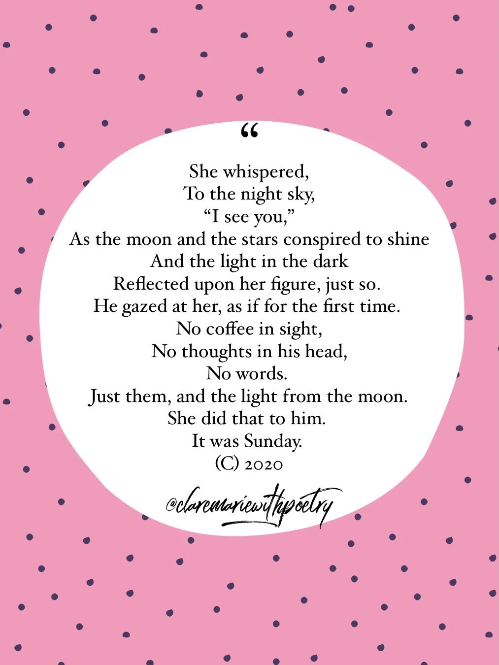 Poetry poem on a pink background with navy polka dots