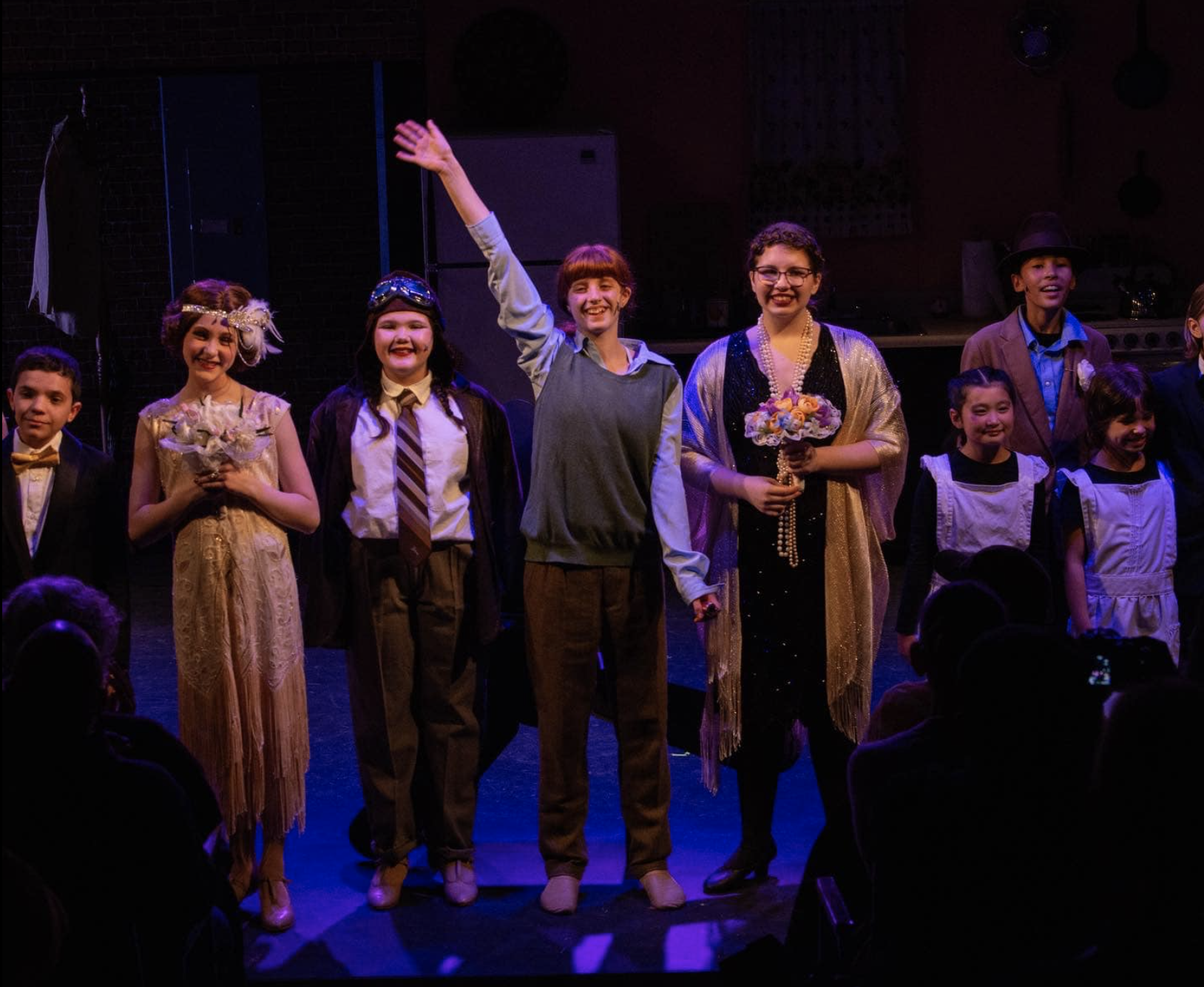 "The Drowsy Chaperone Jr." Robert Martin, Janet Van DeGraff, Trix the Aviatrix, Man in Chair, the Chaperone, the Best Man George and Staff Ensemble • Stage Kidz at Haddonfield Plays & Players 2023 • Director: Craig Hutchings • Photo by Zachary Moore