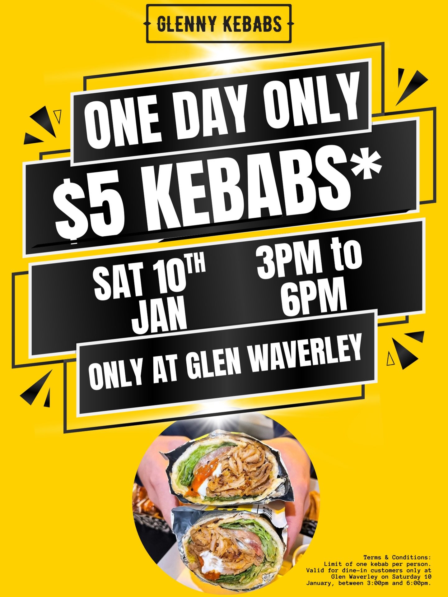 🔥 ONE DAY ONLY, $5 KEBABS 🔥

This Saturday, 10th Jan
⏰ 3&ndash;6 PM
📍 Glen Waverley store only

1 per person
Strictly cut off at 6pm or otherwise sold out.
Don&rsquo;t miss out

#melb #hsp #kebabdeal #halalfoodmelb #kebabs