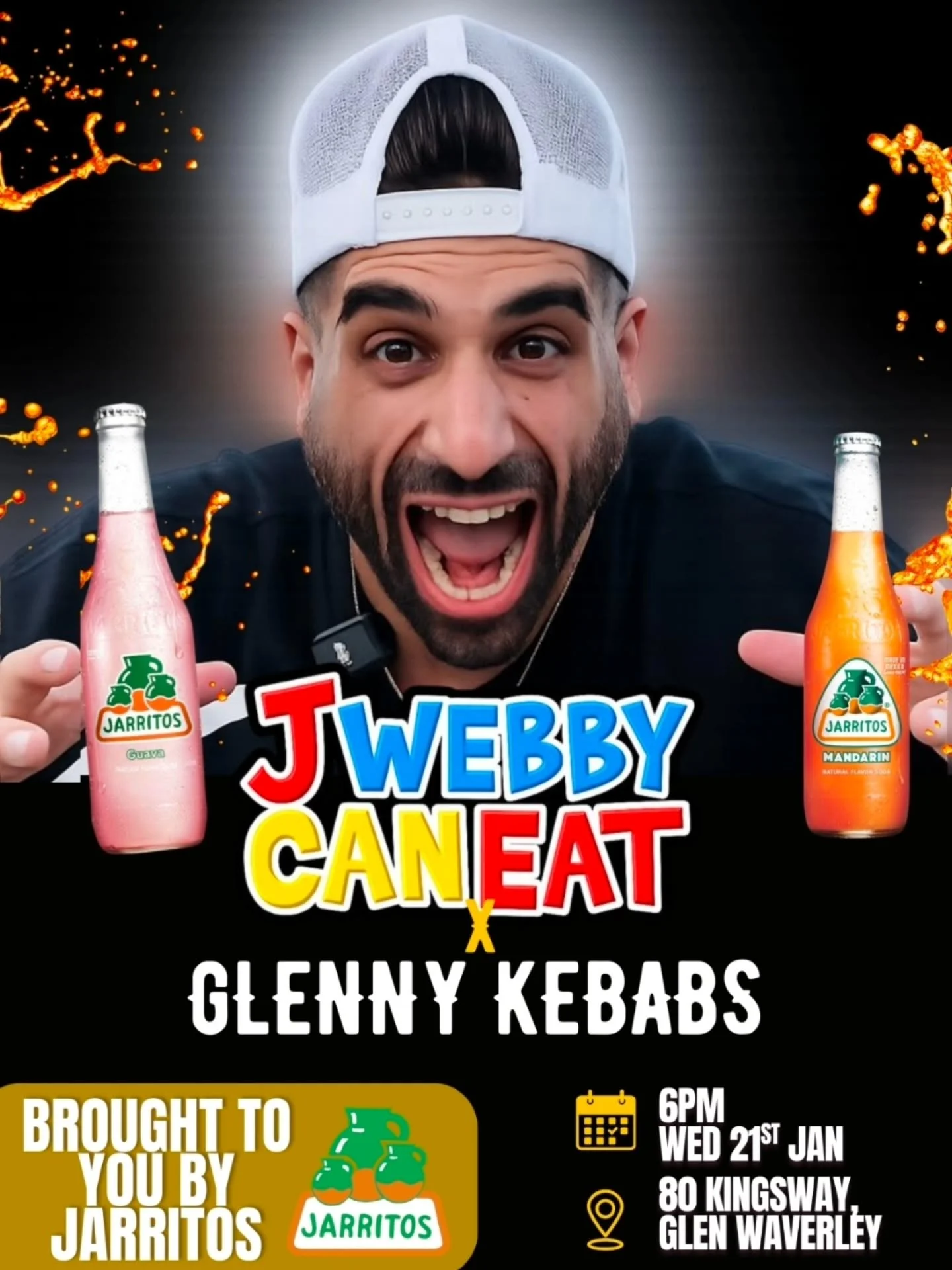 Grab a FREE Jarritos drink &amp; watch Australias eating champion J.Webby smash down some GK goodness !

Jarritos giveaway to first 100 people !

Check out our specials 👇
$1 Donuts
$1 Icecreams 
$3 Chips 

Only at our Glen Waverley store this Wednes