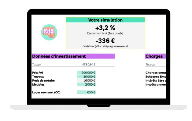 Capture d'écran d'une simulation financière sur un ordinateur portable montrant un rendement brut de +3,2 %, un montant en euros, des données d'investissement, des charges, et des détails spécifiques tels que le prix FAI, les travaux, et le loyer mensuel.