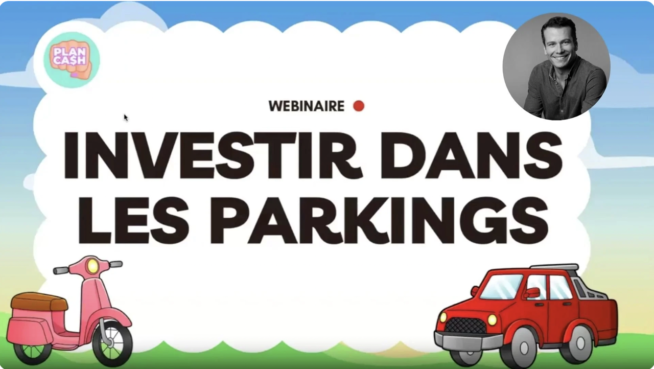 Une publicité pour un webinaire intitulé "Investir dans les parkings" avec un scooter rose et une voiture rouge illustrant le sujet, et un portrait d'un homme souriant en haut à droite.