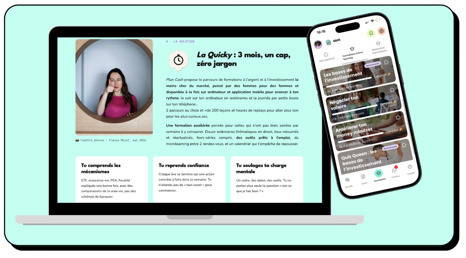 La Quicky, le parcours de formation à l’investissement de Plan Cash, sur ordinateur et application