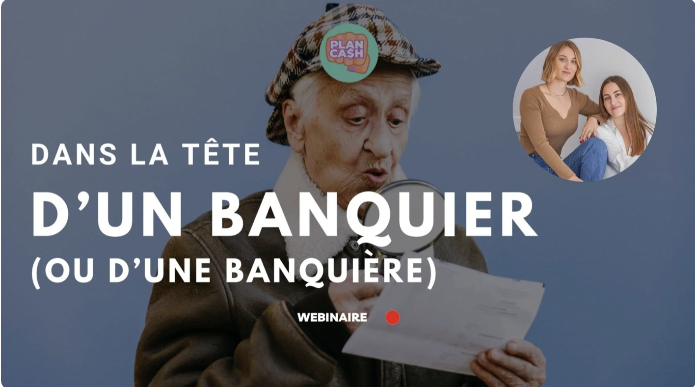 Une vieille femme avec un bonnet à carreaux tient une lettre ou un document, portant une expression surprise ou étonnée. Le texte sur l'image indique que c'est un webinaire intitulé 'Dans la tête d'un banquier (ou d'une banquière)'.
