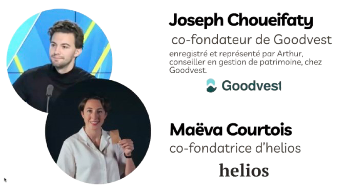 Deux personnes, un homme et une femme, dans un contexte professionnel avec un graphique ou un tableau à l'arrière-plan.