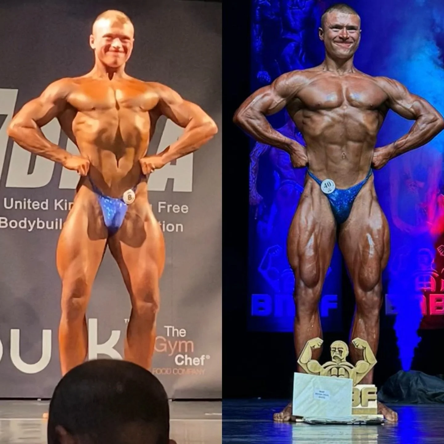 Some Competitive Season Comparisons. 

Carrying out the dieting phase has got me reminiscing about stepping on stage. 

First photo is my first time competing in 2022 where I placed 3rd in two regional qualifiers and 4th and 6th in British finals. 

