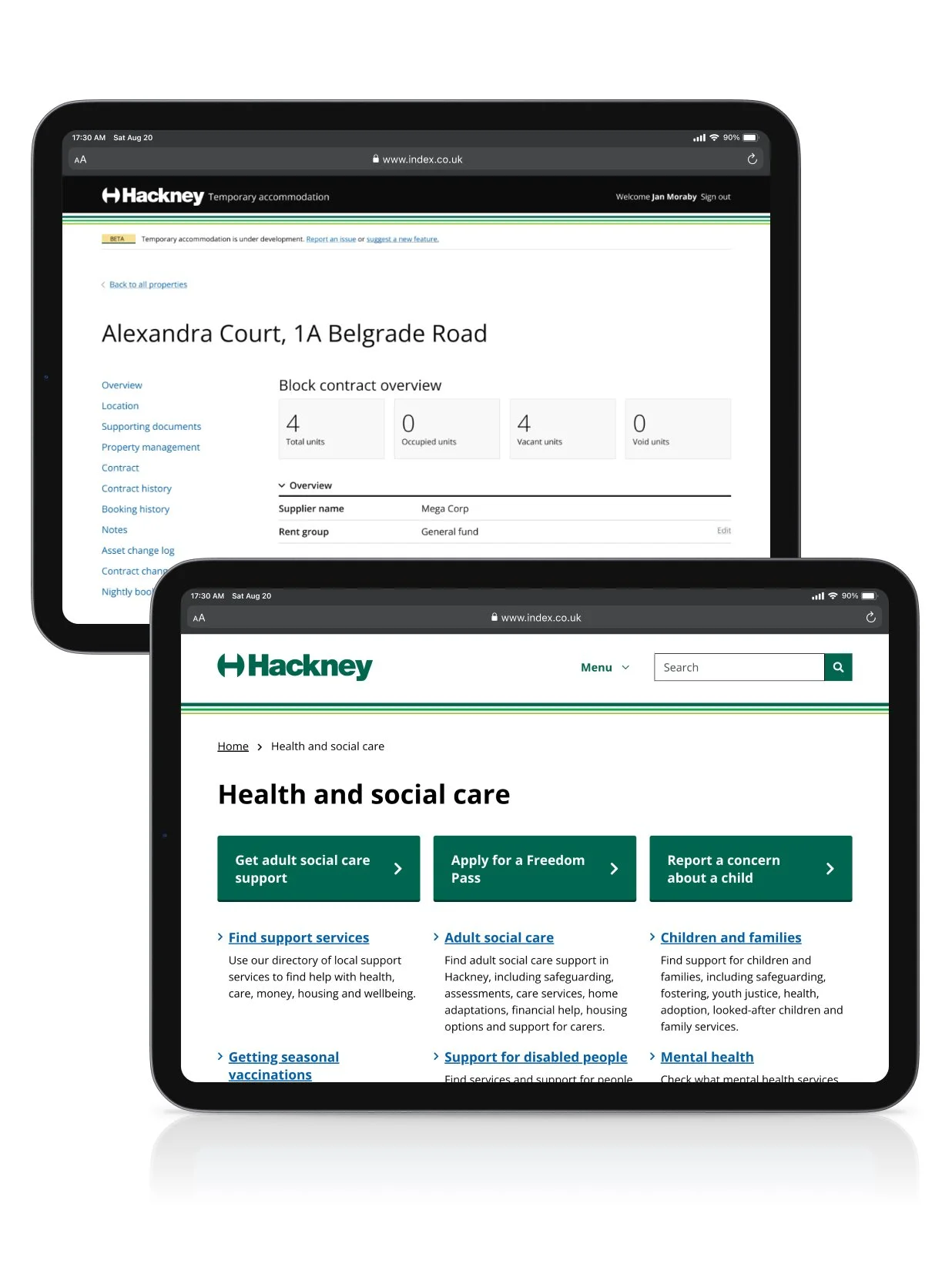 Screenshots of Hackney Book Temporary Accommodation application and Hackney website