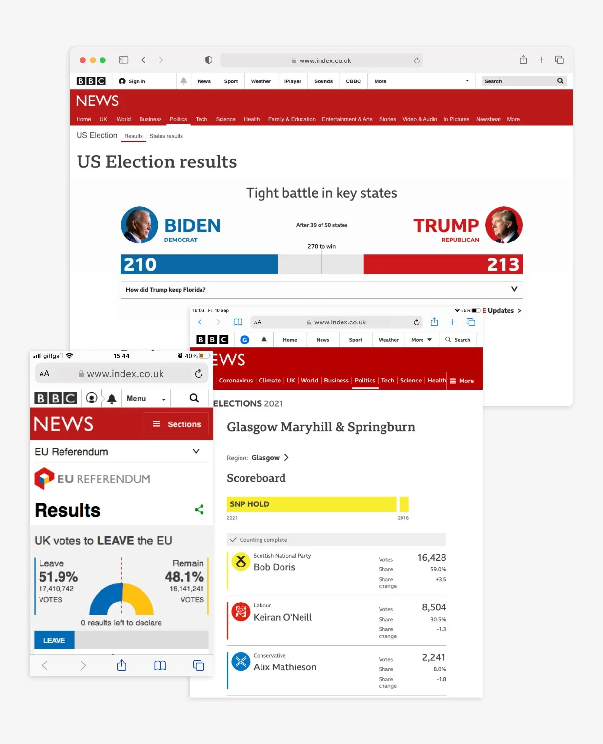 Screenshots of various BBC election services