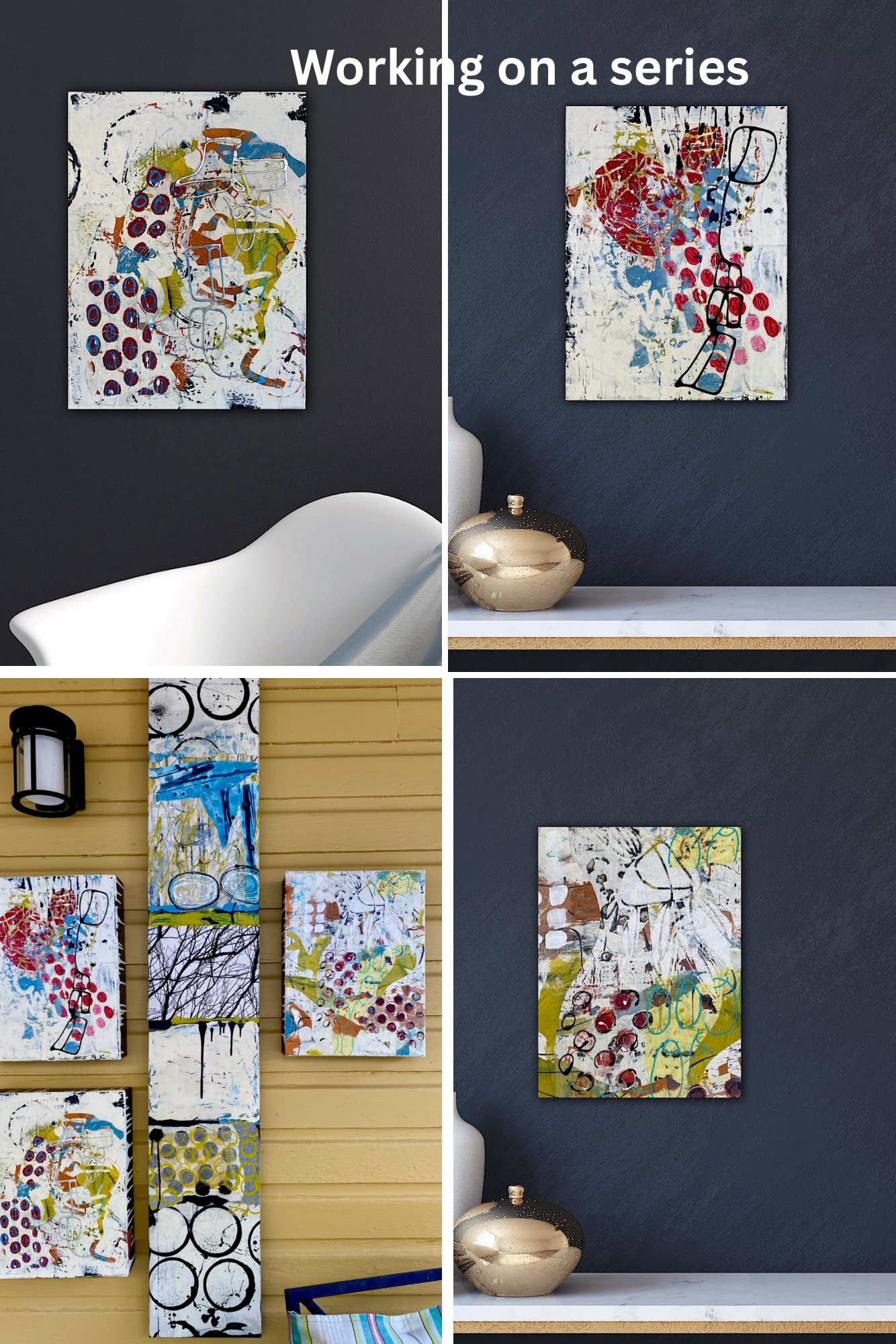 Comparison of interior spaces with abstract paintings on dark and yellow walls. Top images show dark walls with paintings, bottom images show yellow wall with multiple paintings and outdoor setting.
