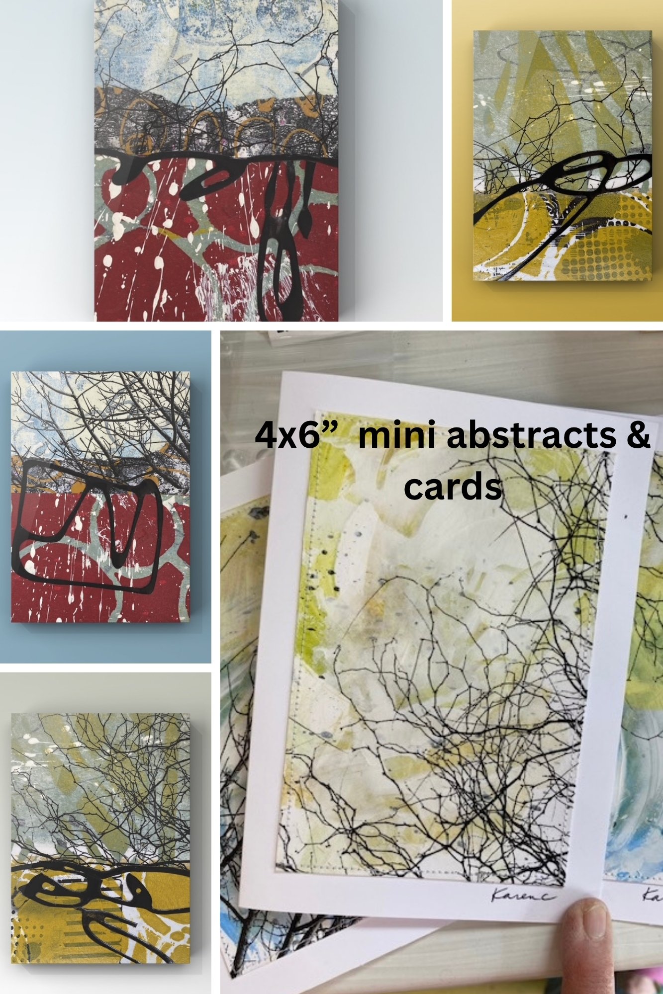 Display of four 4x6 inch mini abstract art pieces featuring layered splashes of colors and black line drawings, along with sample cards showcasing the artwork.