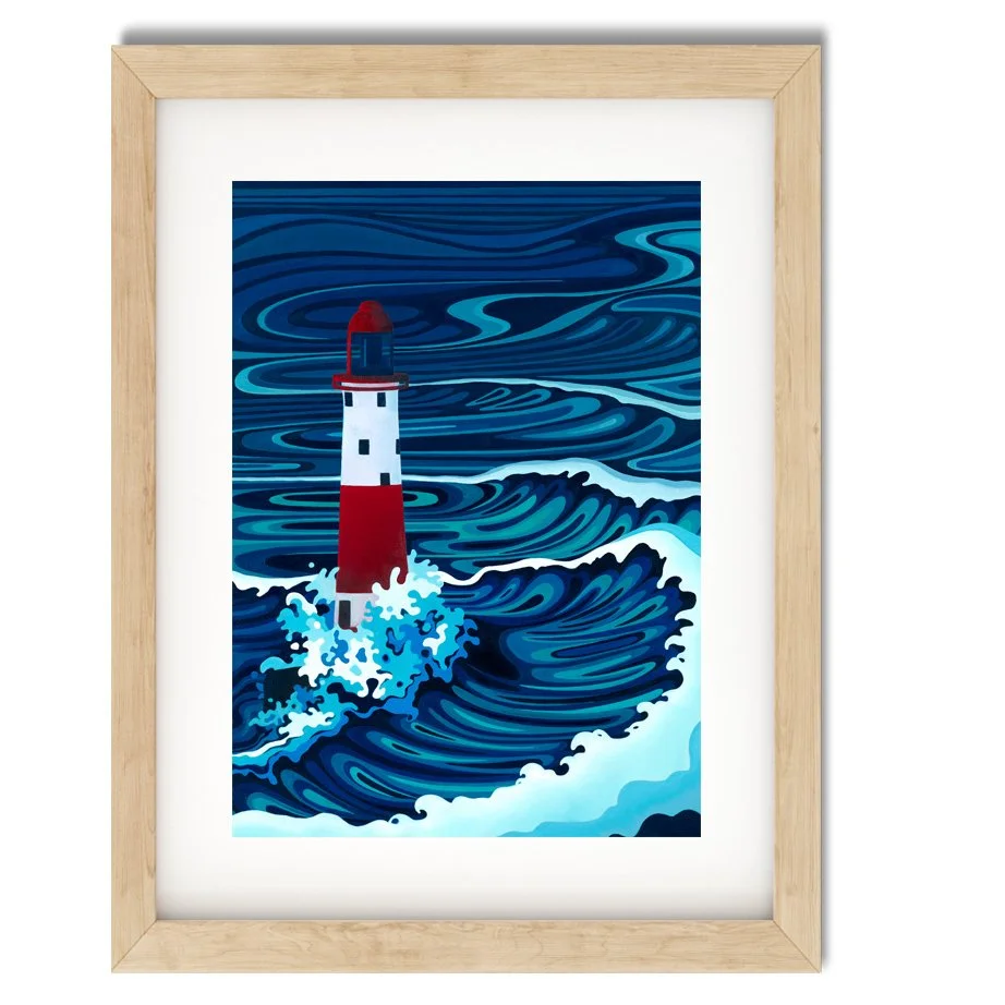 Beachy Head Lighthouse painting titled Steadfast by Sarah Duffield, featuring dramatic swirling blue and turquoise waves crashing around the iconic red and white Sussex lighthouse.