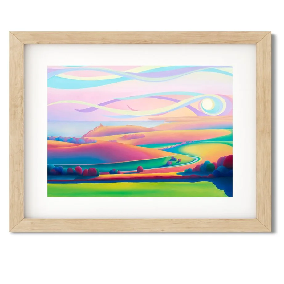 Colourful Sussex landscape painting by Sarah Duffield featuring Belle Tout Lighthouse, vibrant South Downs hills and flowing pastel skies.