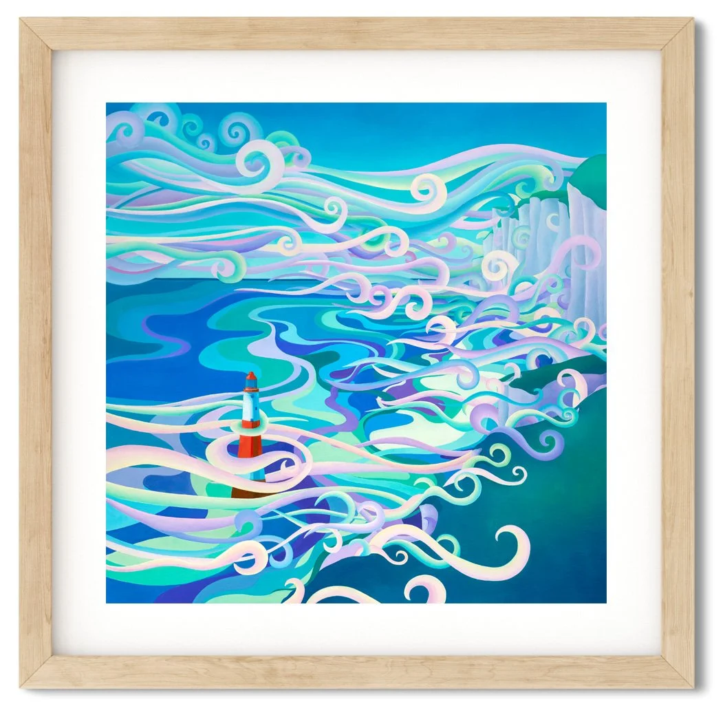 Sea Fret by Sarah Duffield, a colourful contemporary art print featuring Beachy Head Lighthouse surrounded by swirling turquoise ocean waves and flowing pastel pink, lavender and aqua sea frets
