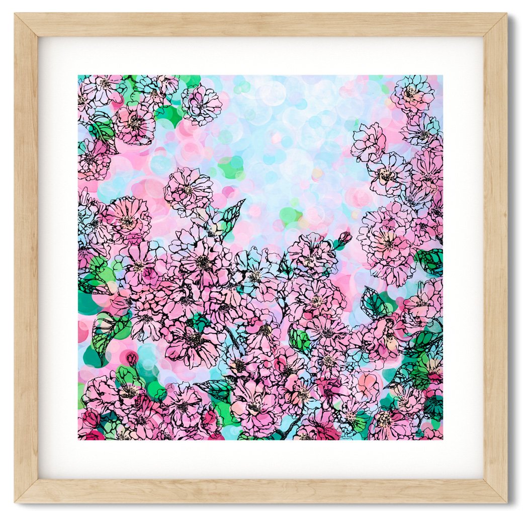 Hanami colourful floral art print by Sarah Duffield, featuring intricate pink blossoms, vibrant green foliage and a dreamy pastel blue and pink background.