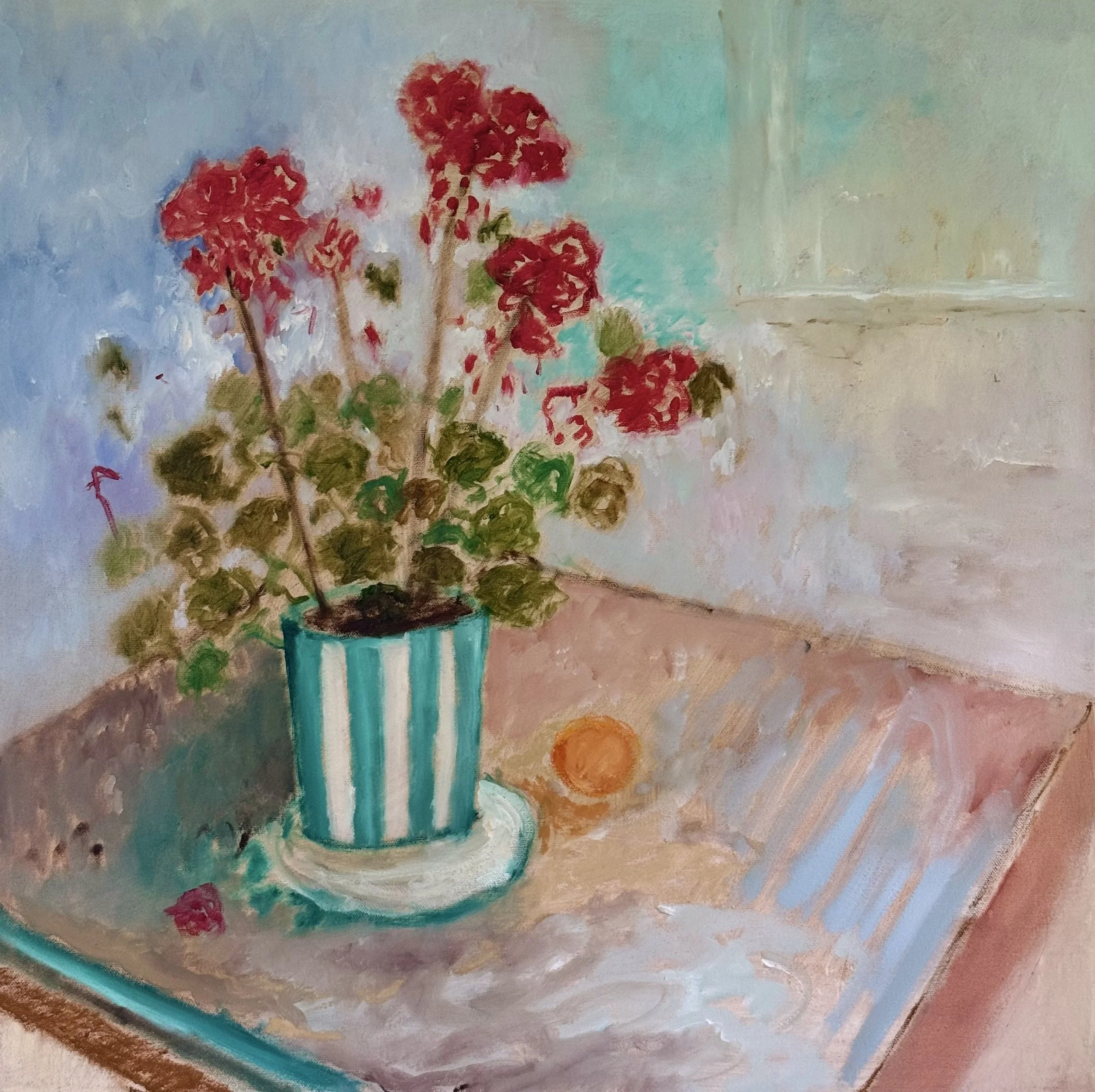 'Geraniums and Tangerine' 60 x 60 cm/ 73.5 x 73.5 cm framed, available via Cambridge Contemporary Art
