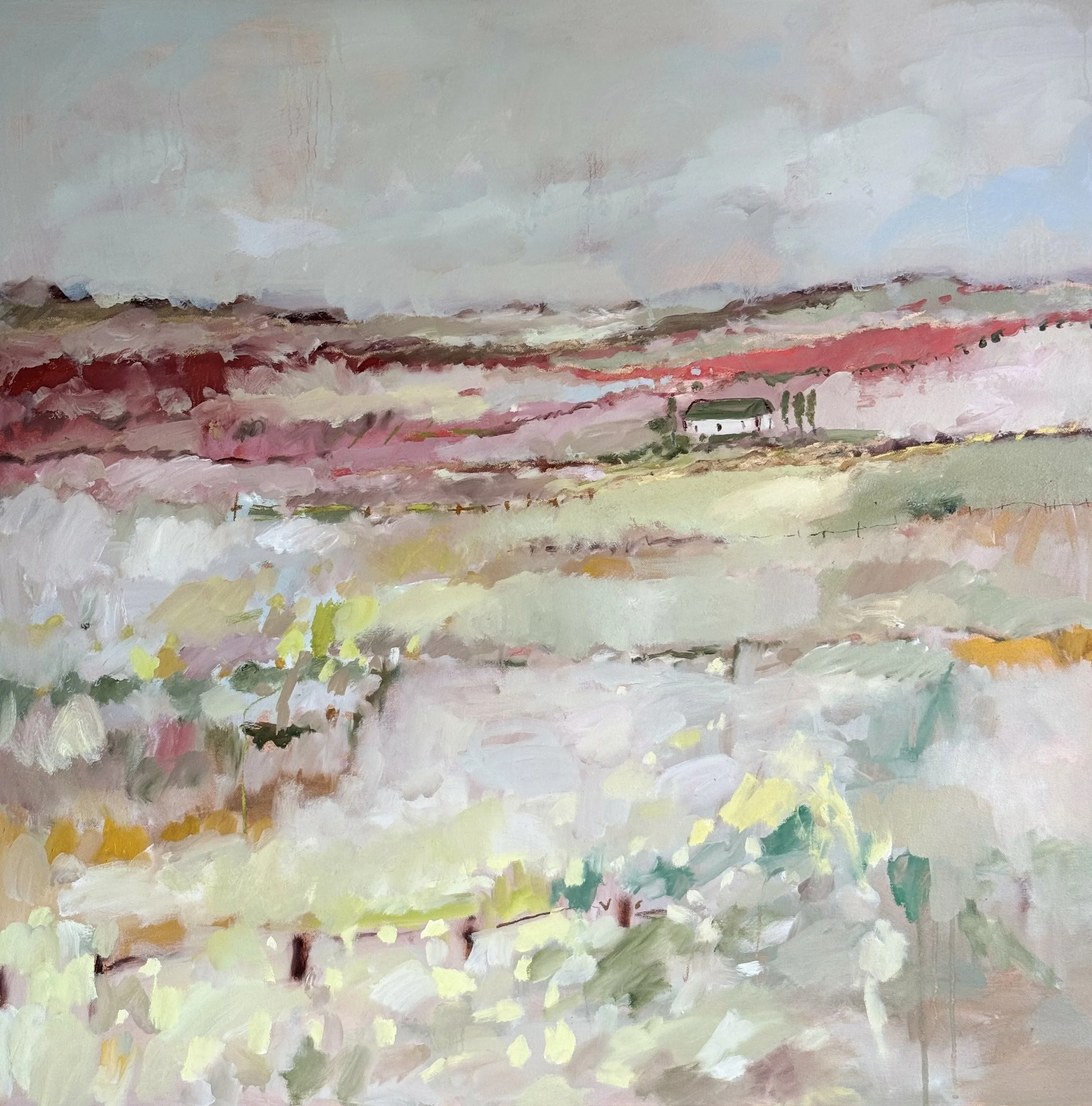 'Spring Arriving on the Hill' 80 x 80 cm, SOLD The White Gallery, Cotswolds