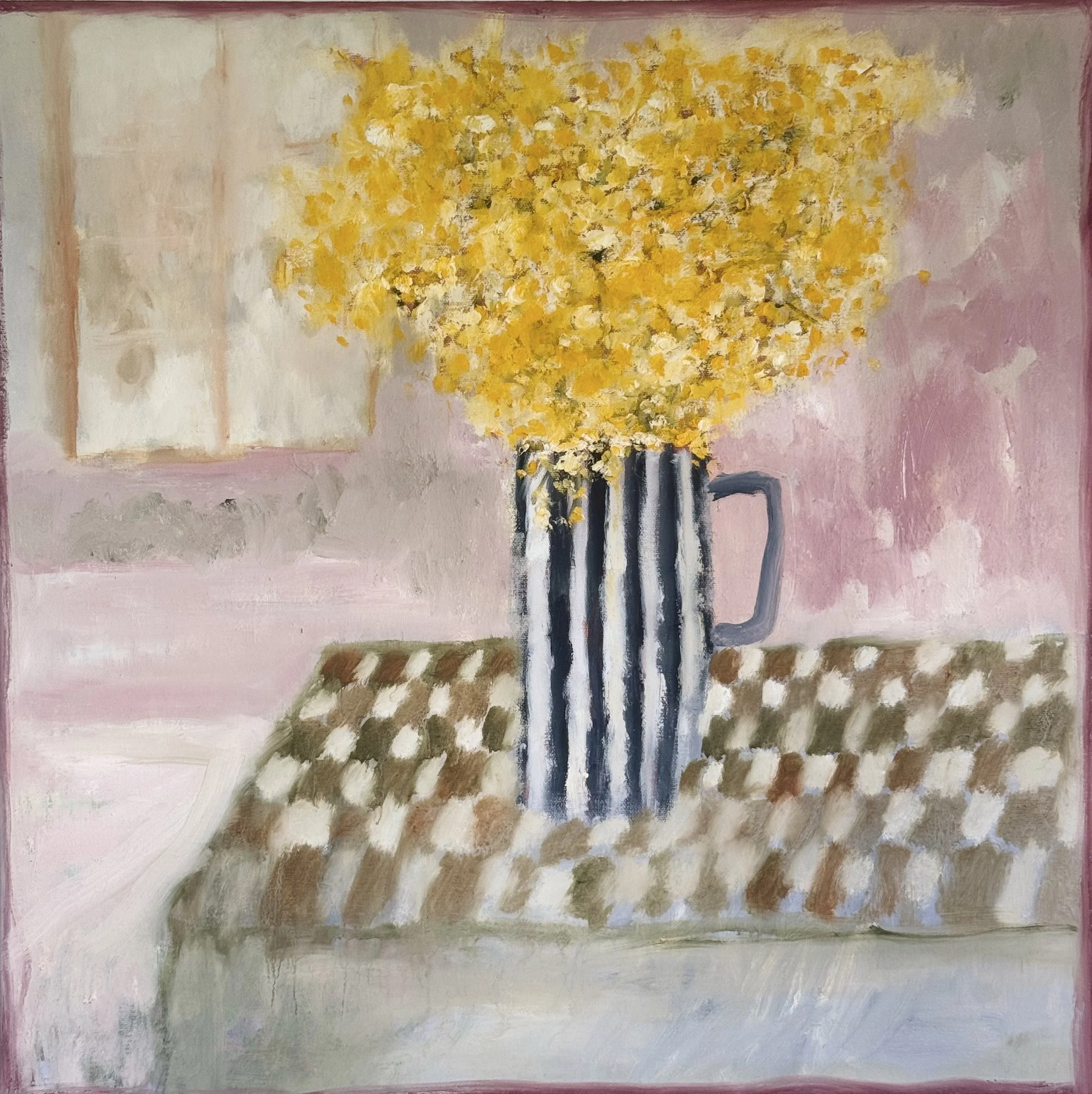'Mimosa in a Striped Jug' 60 x 60 cm, available via Emily Hadley 