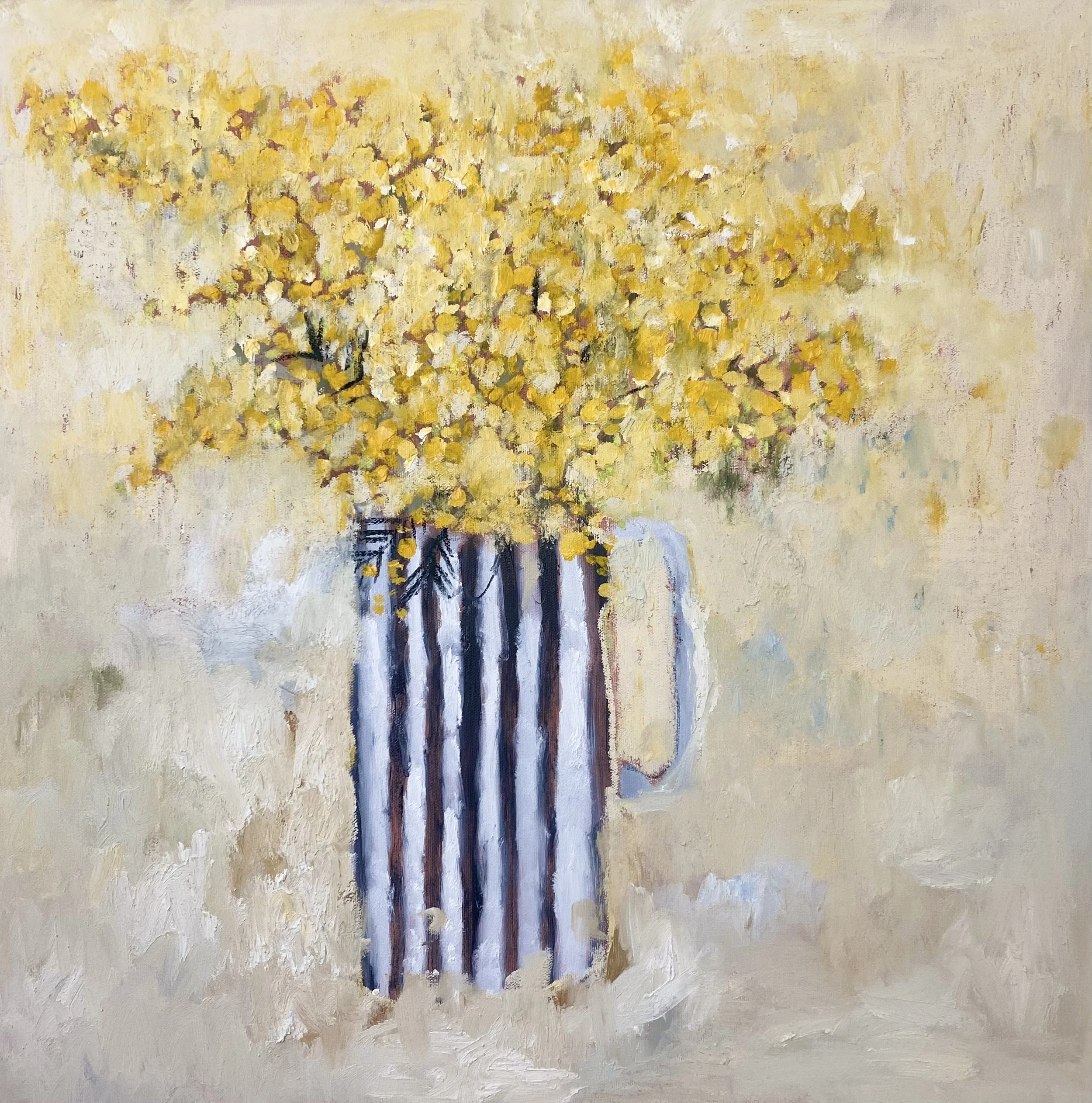 'Mimosa in a Striped Jug II' 60 X 60 cm, SOLD