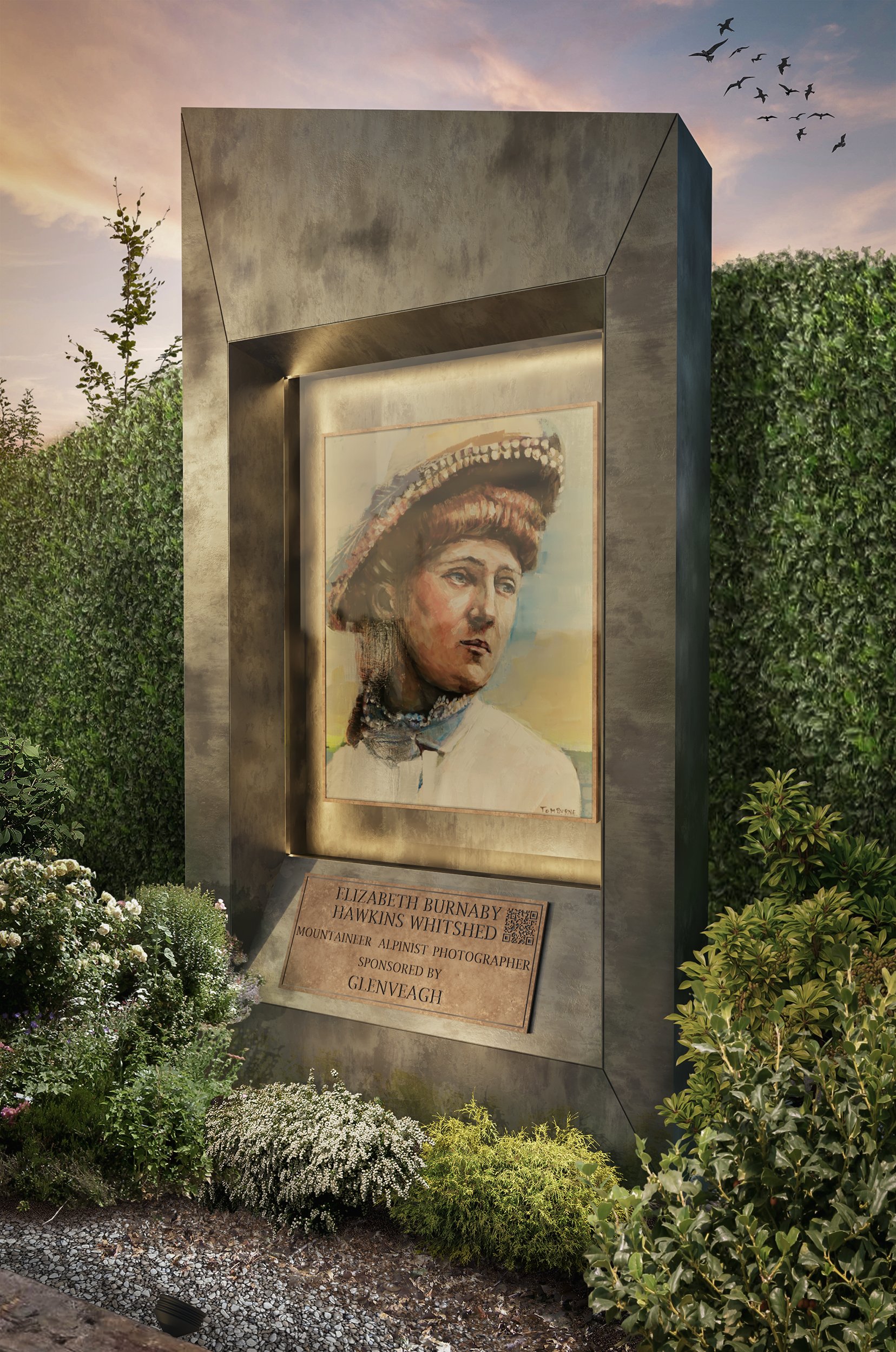 3d visualisation render of steel statue with a painted image of a famous greystones resident and a attached bronze plaque